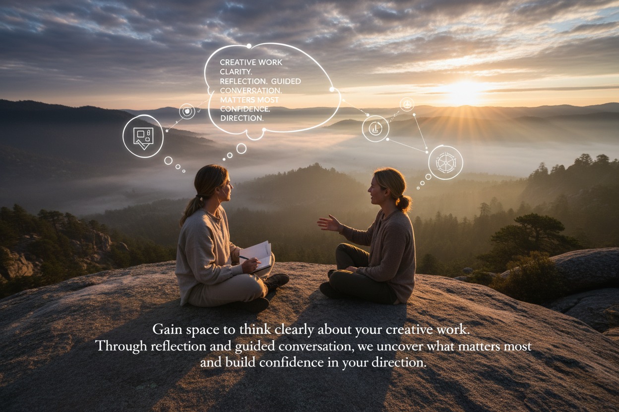 Gain space to think clearly about your creative work. Through reflection and guided conversation, we uncover what matters most and build confidence in your direction.