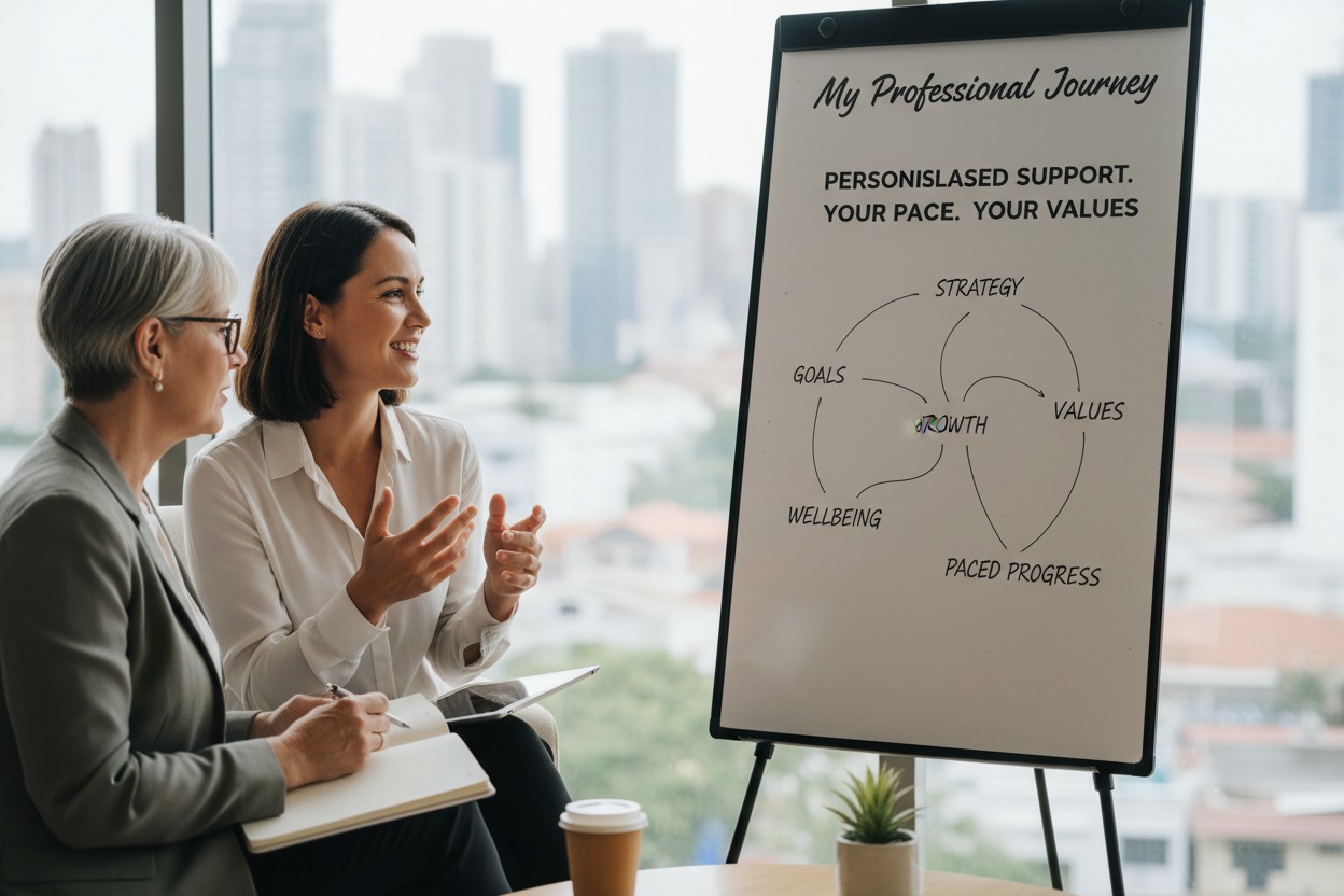 Personalised support that helps you grow professionally at your own pace, with decisions and strategies that fit your values and working style.